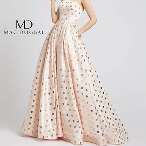 MacDuggal blush and gold polka dot prom dress